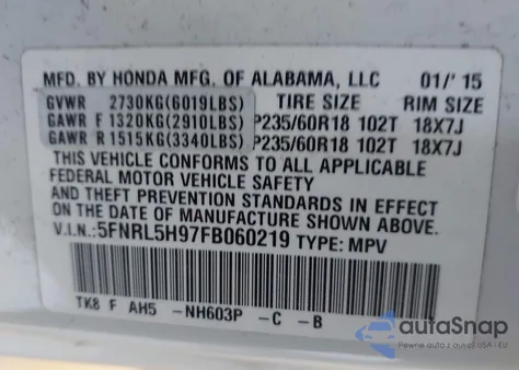 2015 Honda Odyssey Touring/Touring Elite z USA, uszkodzony, nr VIN 5FNRL5H97FB060219